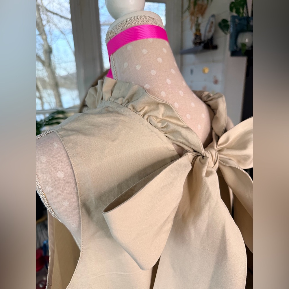 Tyler Boe Ruffle Bow Neck Linen Dress Beige Size XL - Picture 2 of 8
